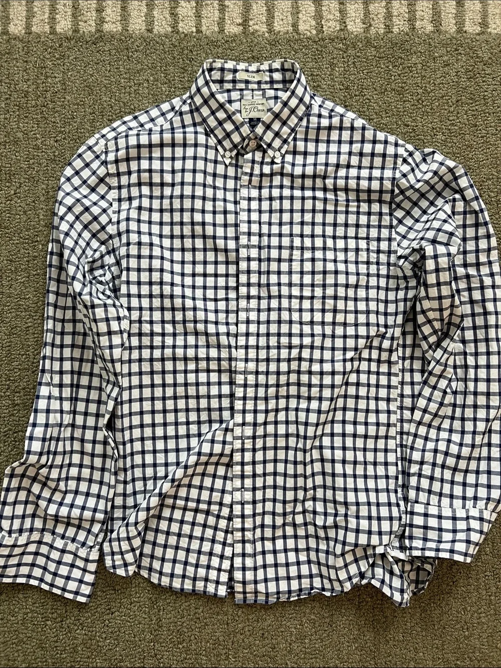 J. Crew Men’s White and Navy Check Button-Down Shirt